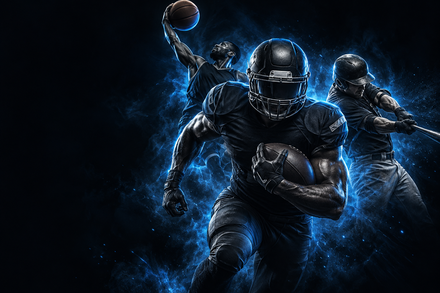 Football, baseball and basketball athletes illuminated in electric blue